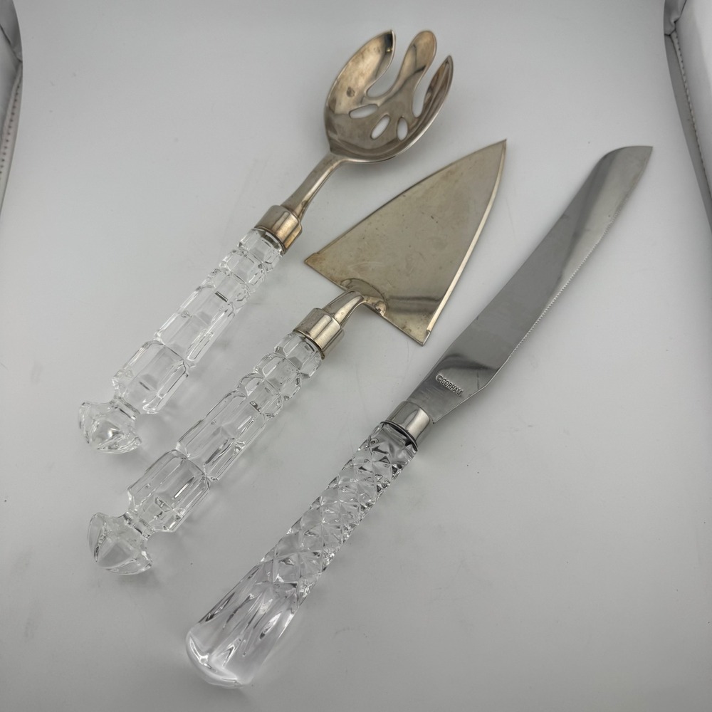 Gorham Serving Set Silver Tone Crystal Handle Cake Server Fork Knife